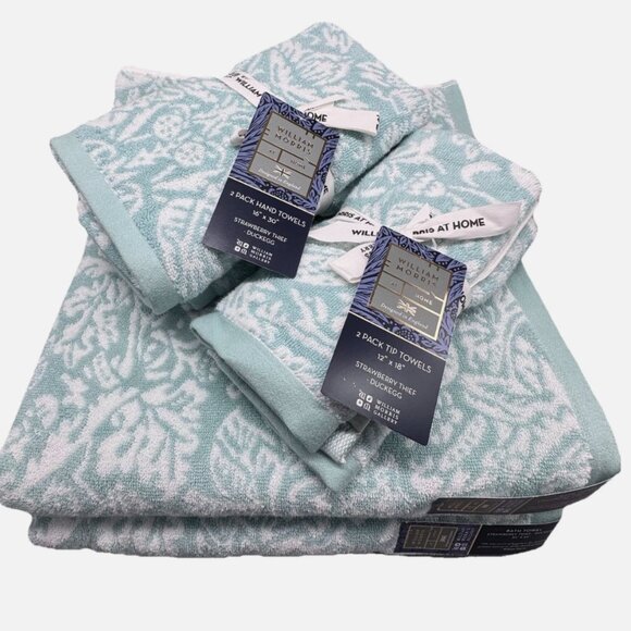 6 Pc William Morris STRAWBERRY THIEF Floral Bath Hand Tip Towel Set Turquoise - Picture 3 of 16